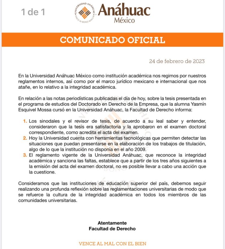 Comunicado de la Universidad Anáhuac, caso Yasmín Esquivel Mossa