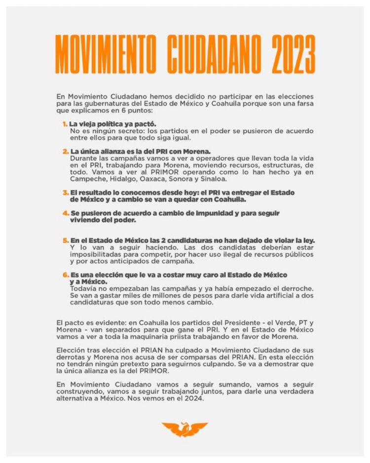 Movimiento Ciudadano no competirá a las gubernaturas de este 2023. Las razones