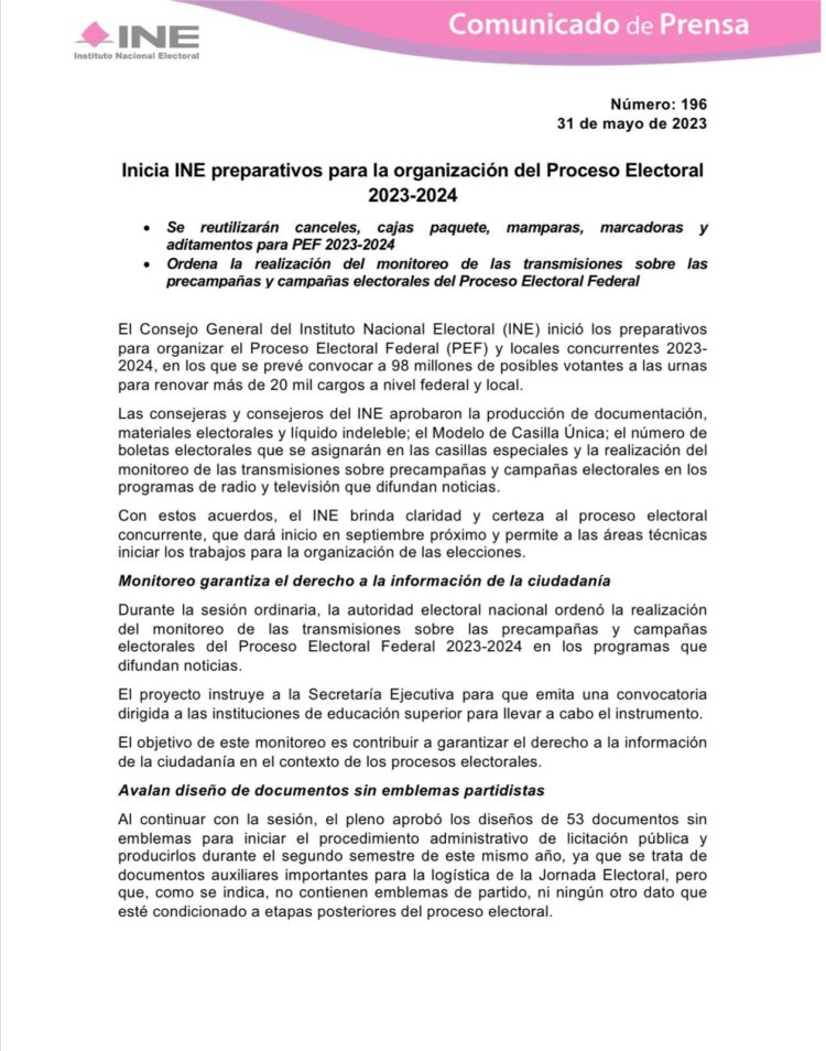 Inicia INE preparativos para la organización del Proceso Electoral 2023-2024