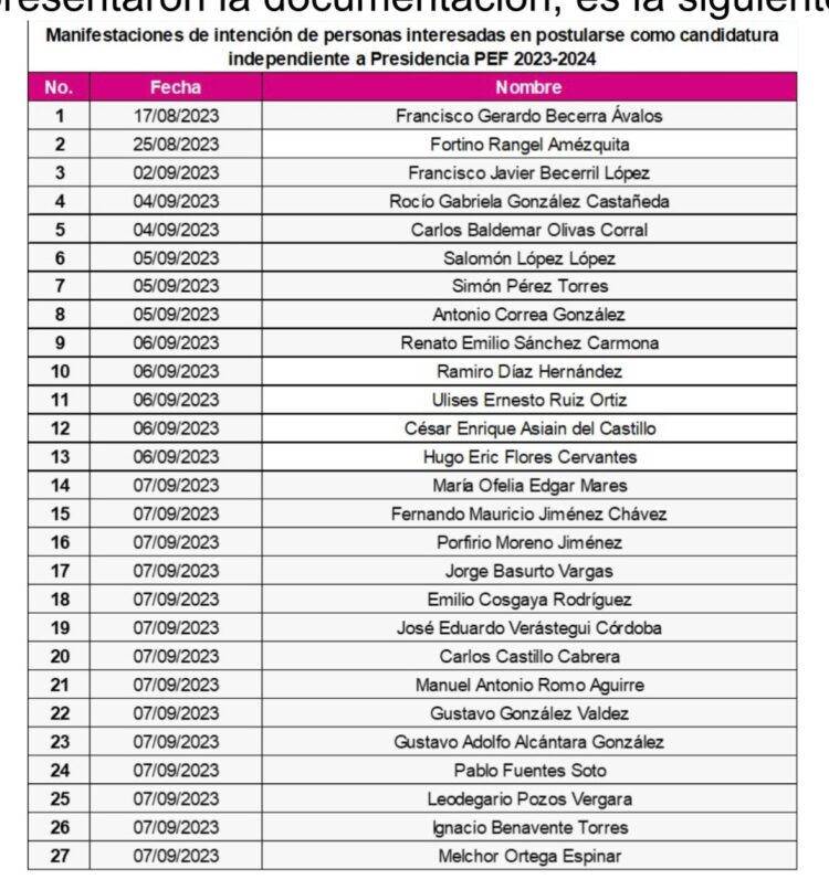 Recibe INE manifestación de intención de 27 aspirantes a candidaturas independientes