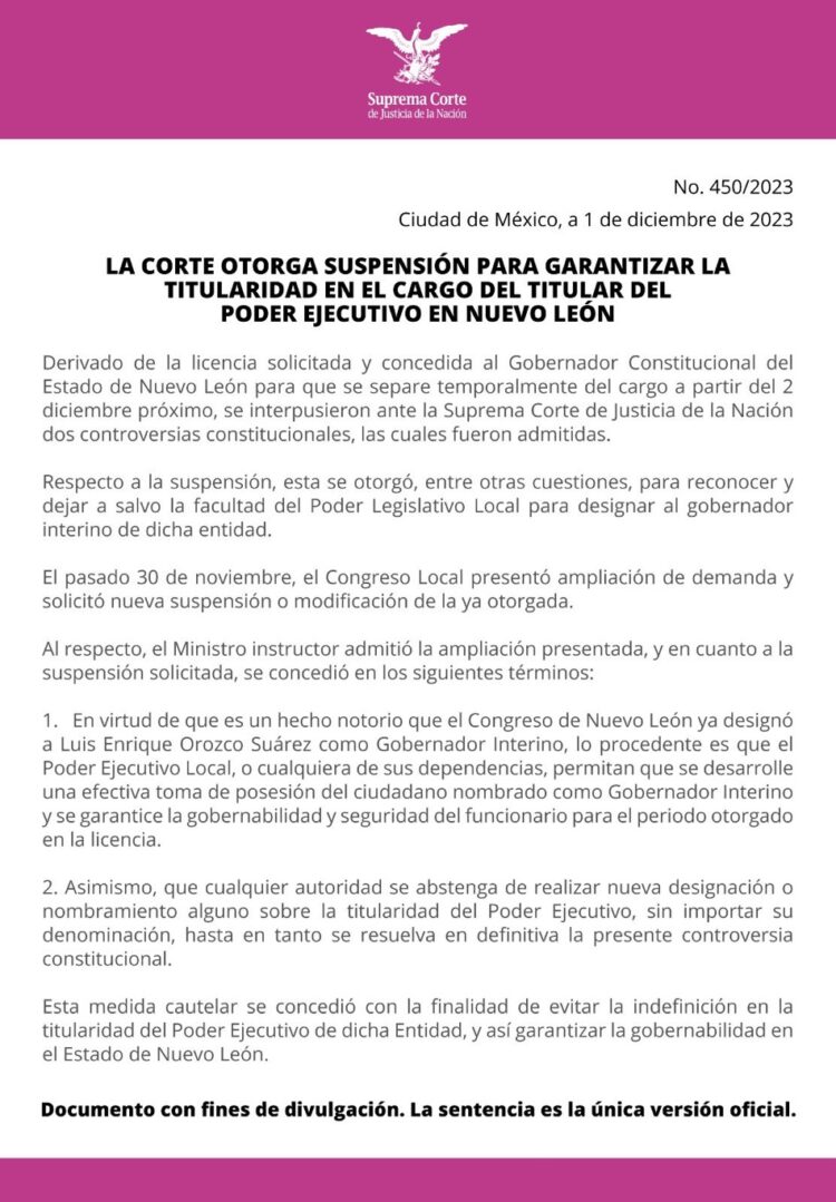 La Corte otorga suspensión para garantizar la titularidad en el cargo del titular del Poder Ejecutivo en Nuevo León.