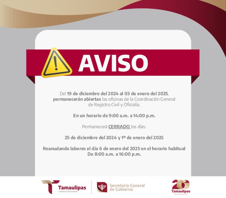 Oficinas de Registro Civil laborarán en horario especial en periodo vacacional