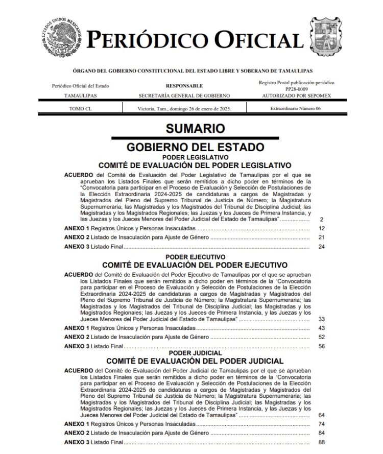 Tamaulipas, primero en publicar listas de las y los candidatos a integrar el Poder Judicial estatal