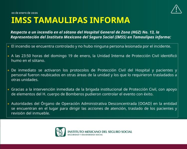 Incendio en sótano del Hospital General de Zona (HGZ) No. 13, en Matamoros controlado