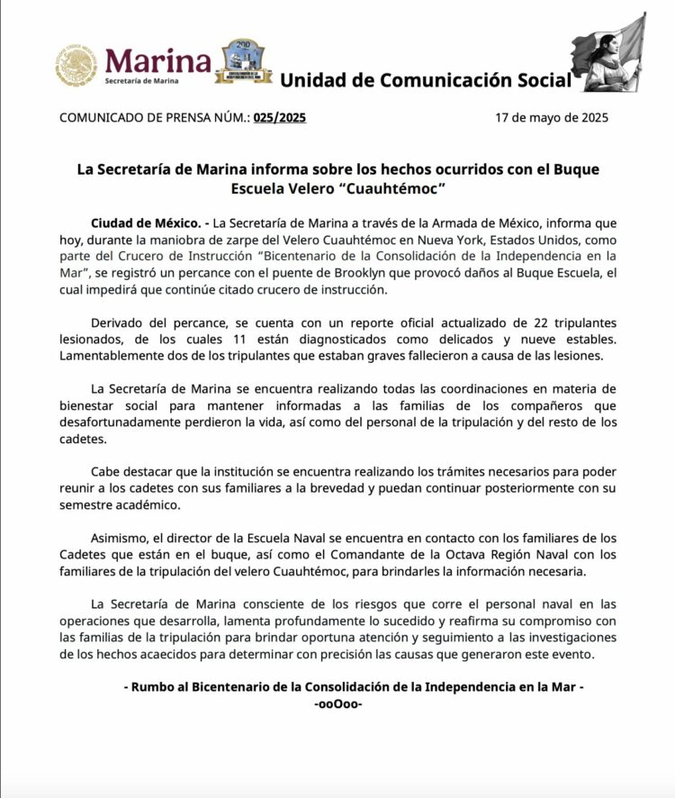 Informa Secretaría de Marina sobre los hechos ocurridos con el Buque Escuela Velero Cuauhtémoc.