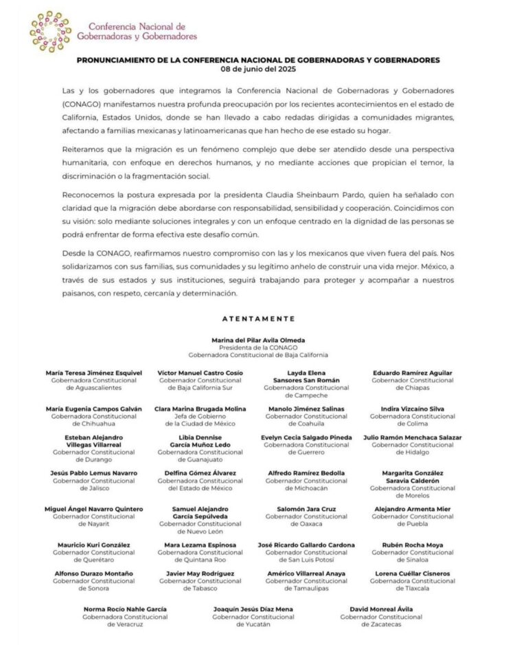 Las gobernadoras y gobernadores integrantes de la #CONAGO, expresaron su profunda preocupación por las redadas contra migrantes en #California.