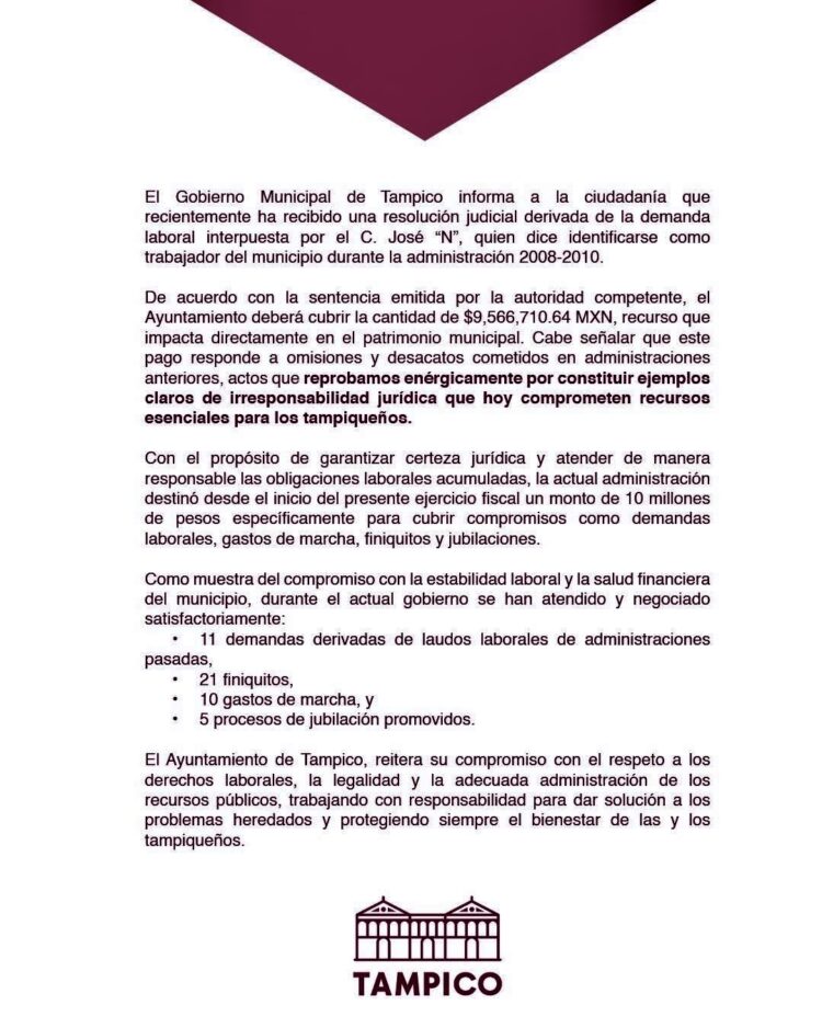 Tampico debe pagar 9.5 mdp por demanda laboral