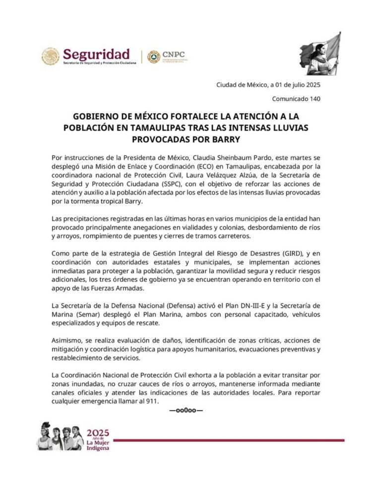 Ante lluvias respalda gobierno federal a Tamaulipas