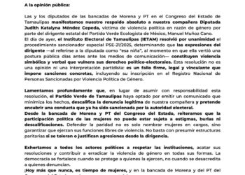 Morena y PT respaldan a diputada y piden respetar fallo del IETAM por violencia política de género
