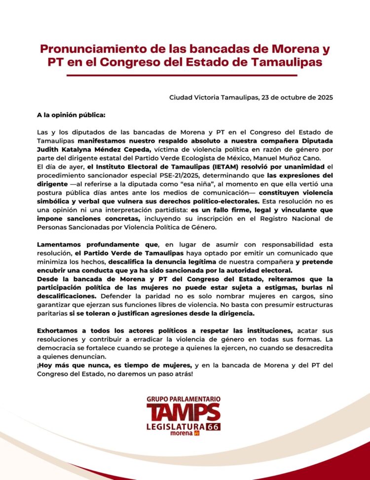 Morena y PT respaldan a diputada y piden respetar fallo del IETAM por violencia política de género