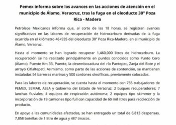 Pemex informa sobre los avances en las acciones de atención en el municipio de Álamo, Veracruz, tras la fuga en el oleoducto 30” Poza Rica – Madero