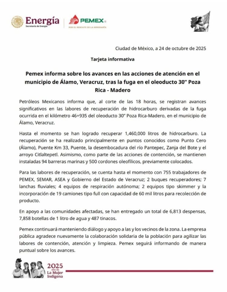 Pemex informa sobre los avances en las acciones de atención en el municipio de Álamo, Veracruz, tras la fuga en el oleoducto 30” Poza Rica – Madero