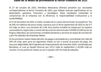 Pemex informa Saldo de la deuda de proveedores al tercer trimestre de 2025
