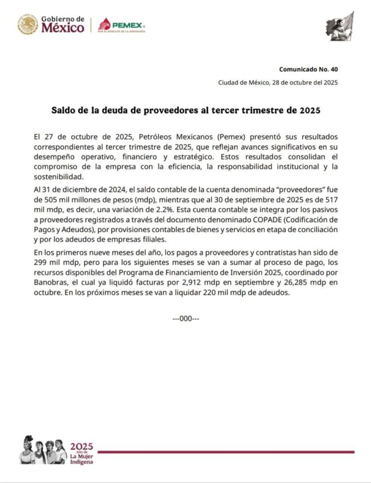 Pemex informa Saldo de la deuda de proveedores al tercer trimestre de 2025