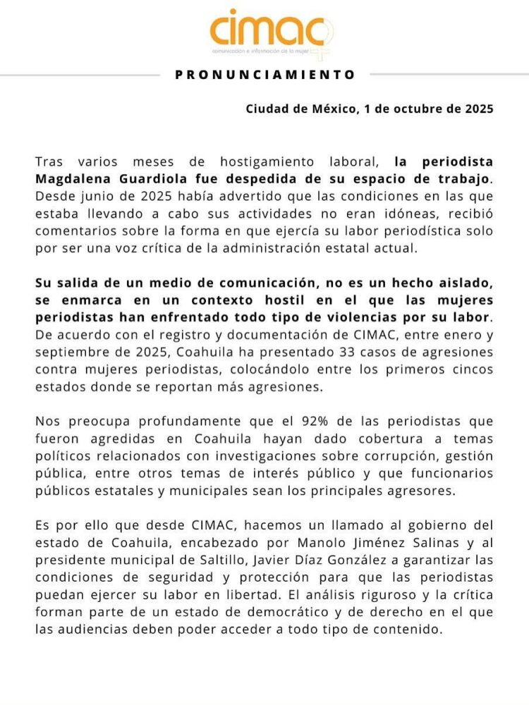 Coahuila con más agresiones a mujeres periodistas