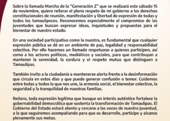 Mensaje del gobernador Américo Villarreal Anaya sobre la marcha de la «Generación Z»