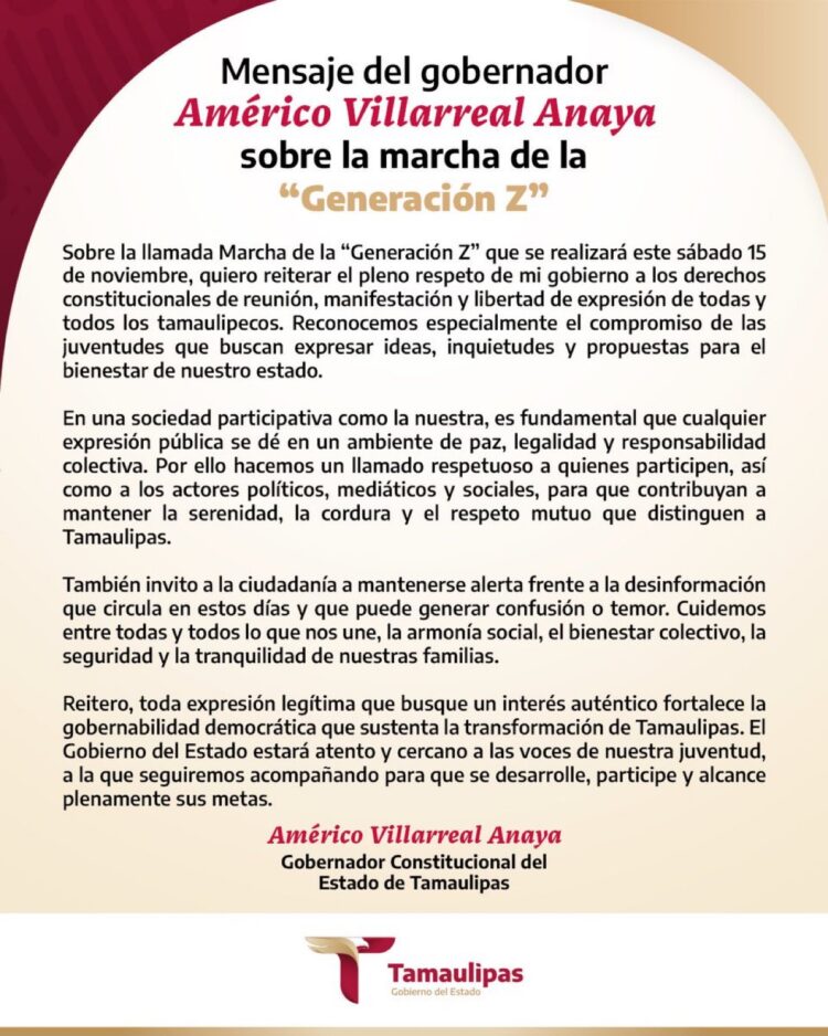 Mensaje del gobernador Américo Villarreal Anaya sobre la marcha de la «Generación Z»