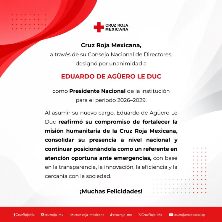 Cruz Roja informó que, el Consejo Nacional de Directores designó por unanimidad a Eduardo De Aguero Le Duc, presidente nacional para el periodo 2026-2029