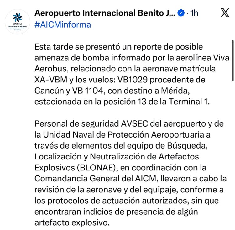 Aeropuerto Internacional de la CDMX reportó una falsa alarma de amenaza de bomba en un avión de Viva Aerobus en la T1